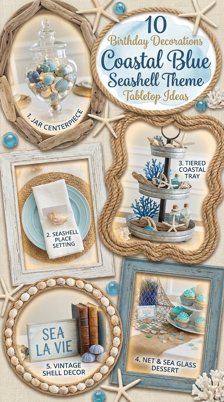 10 Birthday Decorations Coastal Blue Seashell Theme Tabletop Ideas